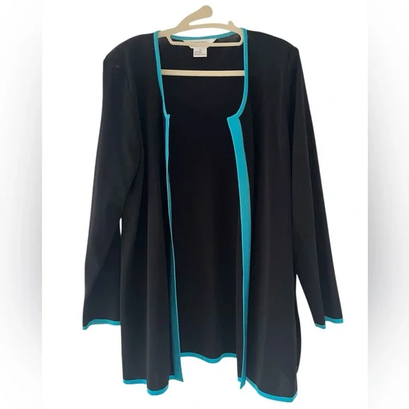 Misook 2 Piece Set Black Teal Blue Cardigan & Sweater Stripe Top Twin Set Large - Picture 2 of 5